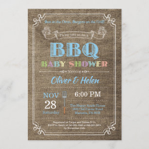 BBQ Baby Shower Invitation Burlap Blue