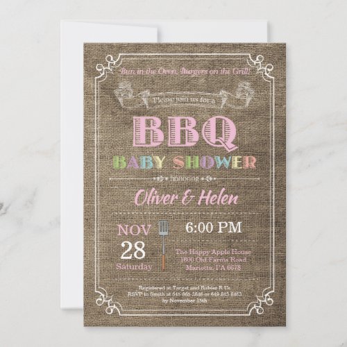 BBQ Baby Shower Invitation Burlap Pink