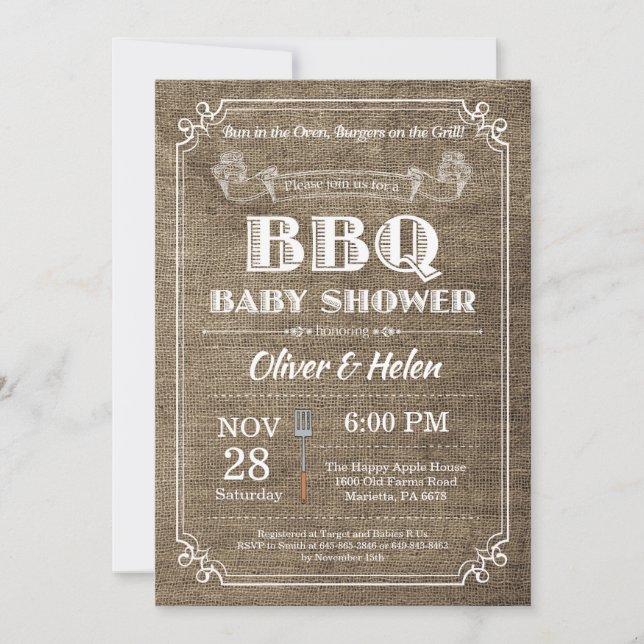 BBQ Baby Shower Invitation Burlap Vintage (Front)
