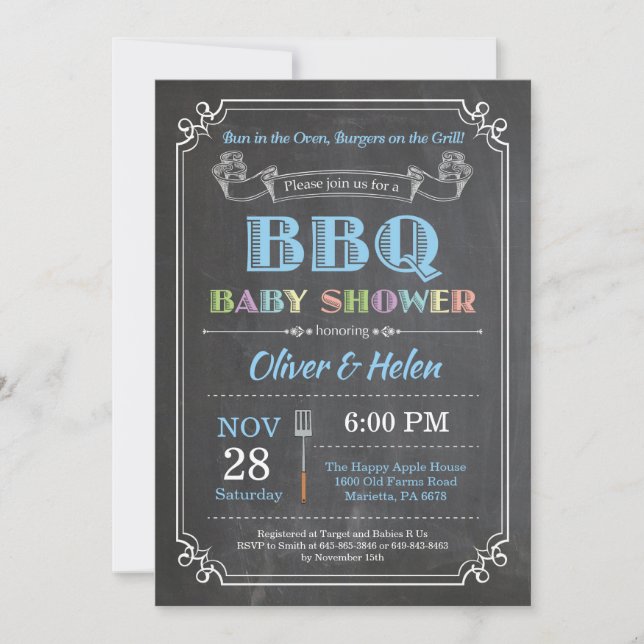BBQ Baby Shower Invitation Chalkboard Blue (Front)