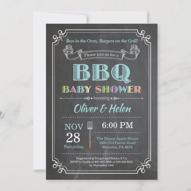 BBQ Baby Shower Invitation Chalkboard Teal Aqua (Front)