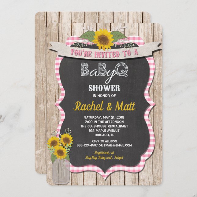 BBQ Baby Shower invitation girl pink yellow (Front/Back)