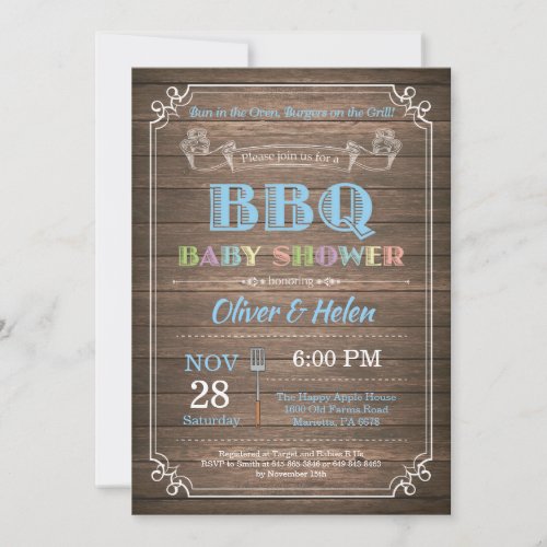 BBQ Baby Shower Invitation Rustic Wood Blue
