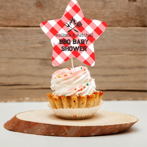 BBQ baby shower red plaid cupcake toppers Star Sticker