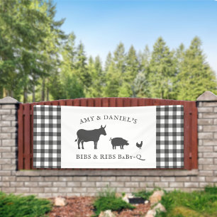 BBQ Baby Shower Rustic Vintage Grey Plaid Banner