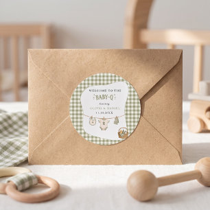 Bbq Baby Shower Sage Gingham Rustic Custom Classic Round Sticker