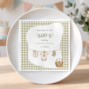 Bbq Baby Shower Sage Gingham Rustic Custom Napkins