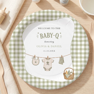 Bbq Baby Shower Sage Gingham Rustic Custom Paper Plates
