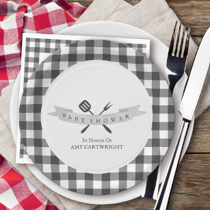 BBQ Baby Shower Vintage Typography Grey Plaid Paper Plates
