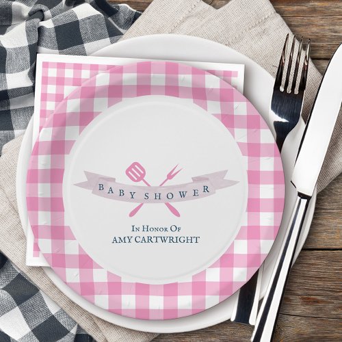 BBQ Baby Shower Vintage Typography Pink Paper Plates