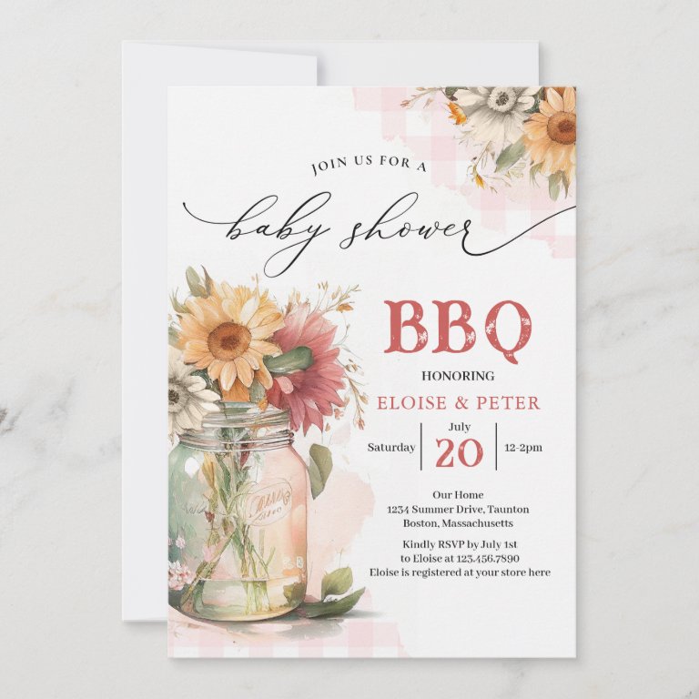 BBQ Barbecue Sunflower Rustic Couples Baby Shower                    Invitation