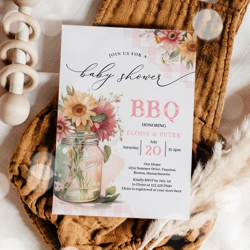 BBQ Barbecue Sunflower Rustic Couples Baby Shower  Invitation