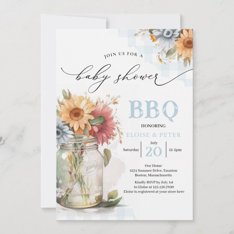 BBQ Barbecue Sunflower Rustic Couples Baby Shower                    Invitation