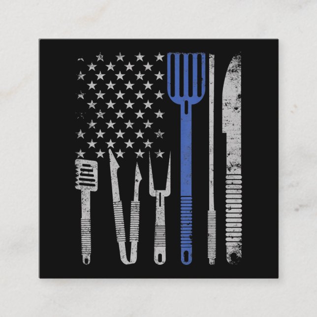 BBQ | BBQ Grill Pork With USA Flag Cooking Chef Square Business Card (Front)