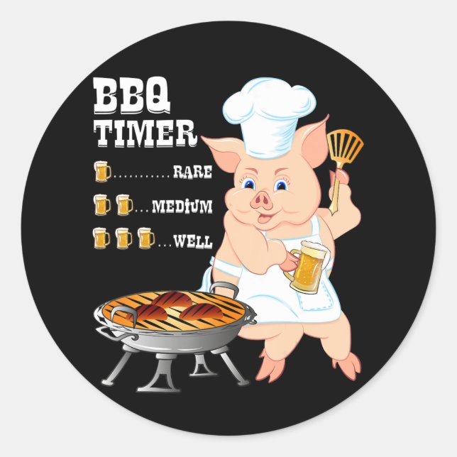BBQ | BBQ Timer Pig Grill Barbecue Beer Lover Men Classic Round Sticker (Front)