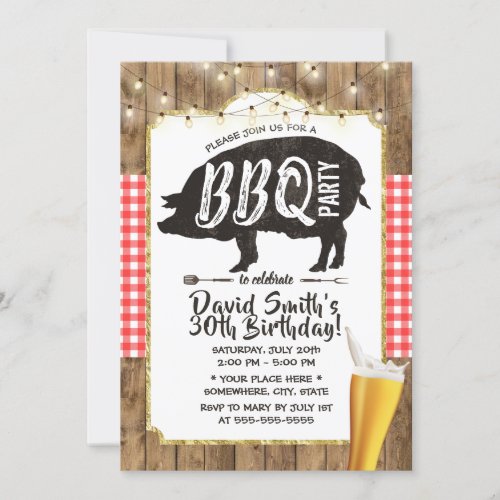 BBQ  Beer Rustic String Lights Birthday Party Invitation