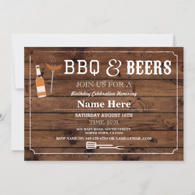 BBQ & BEERS Birthday 30th 40th Any Age Wood Invite (Front)