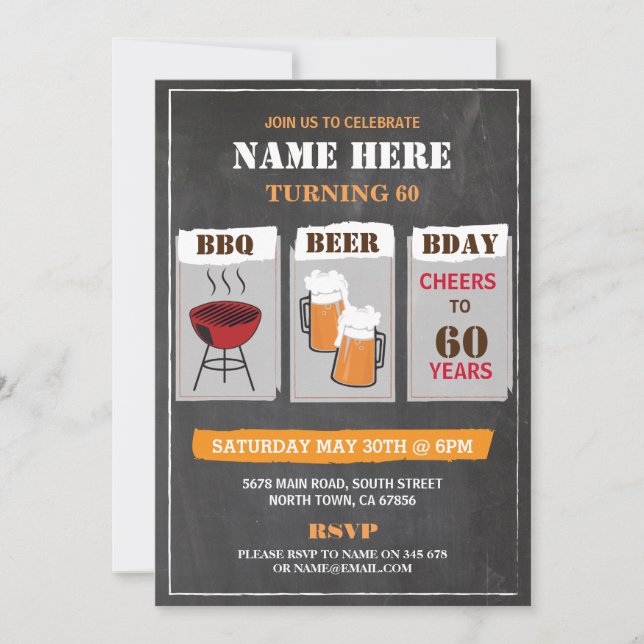 BBQ Beers Birthday Chalk Mens Party Invitation (Front)