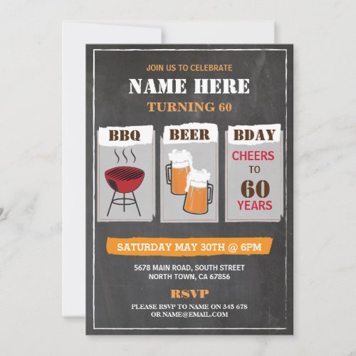 BBQ Beers Birthday Chalk Mens Party Invitation