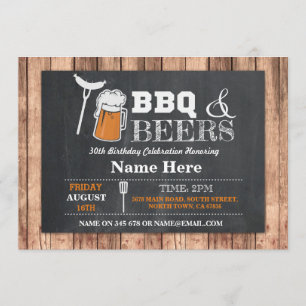 BBQ & BEERS Birthday Chalk Wood Invitation