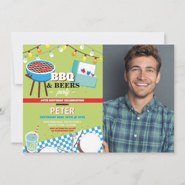 BBQ Beers Birthday Party Garden Yard Photo Invitation (Front)