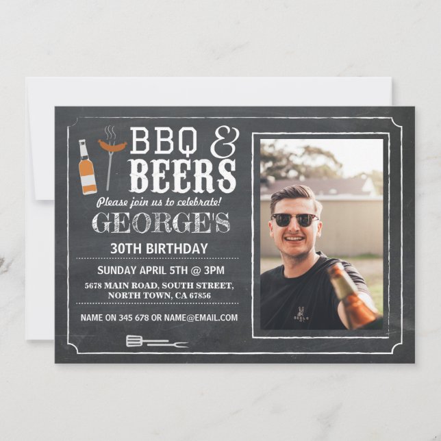 BBQ & Beers Birthday Party Photo Chalk Invite (Front)