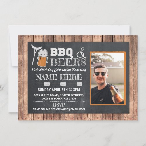 BBQ  Beers Birthday Party Photo Wood Chalk Invite