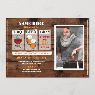 BBQ Beers Birthday Wood Mens Party Photo Invitation