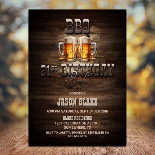 BBQ Beers Wood 21st Birthday Party Invitation