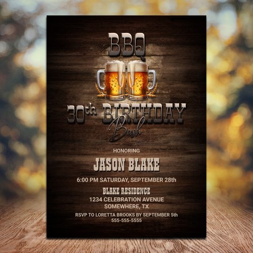 BBQ Beers Wood 30th Birthday Party Invitation