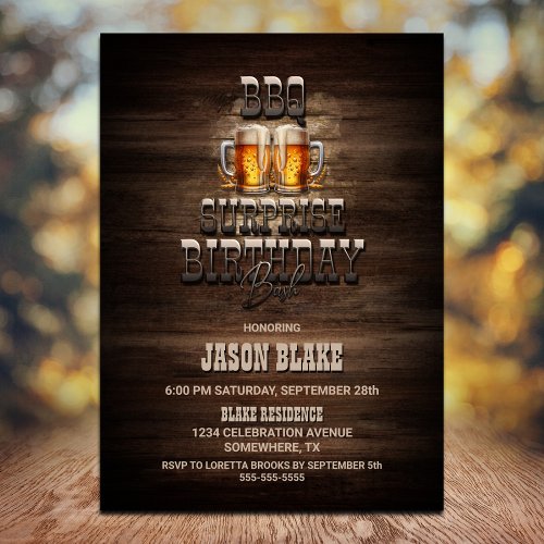 BBQ Beers Wood Surprise Birthday Party Invitation