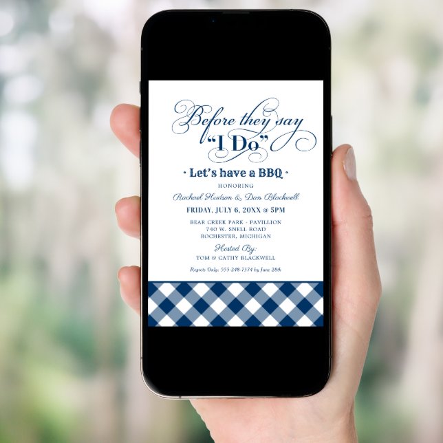 BBQ Before I Do Navy Gingham Rehearsal Dinner Invitation (Front Digital)