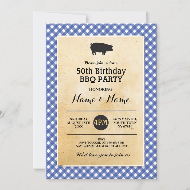 BBQ Birthday Any Age Rustic Blue Wood Invite (Front)