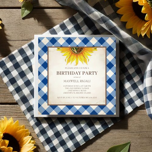 BBQ Birthday Blue Gingham Print Invitation