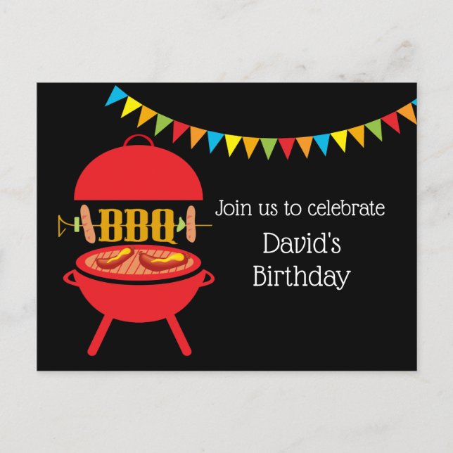 bbq birthday party, barbecue, bbq grill, invitation postcard (Front)
