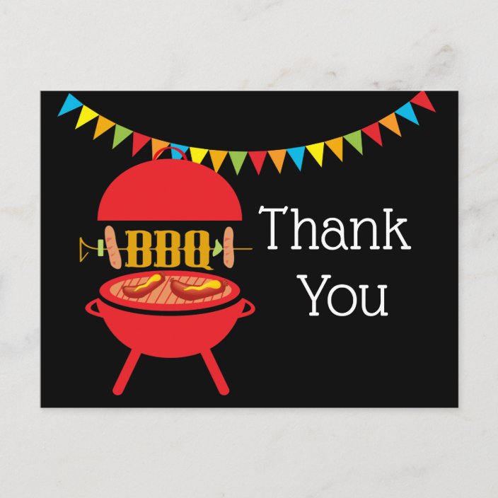 bbq birthday party, barbecue, bbq grill, thank you invitation postcard