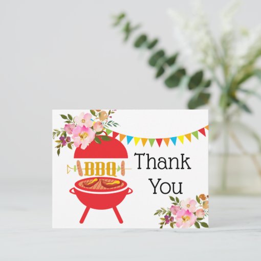 bbq birthday party, barbecue, bbq grill, thank you invitation postcard