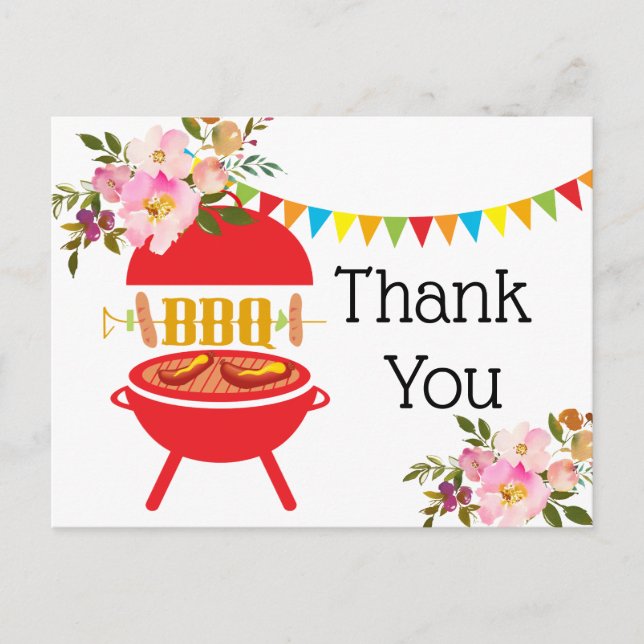 bbq birthday party, barbecue, bbq grill, thank you invitation postcard (Front)