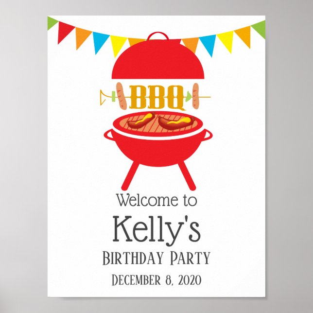 bbq birthday party, barbecue, bbq grill, welcome poster (Front)