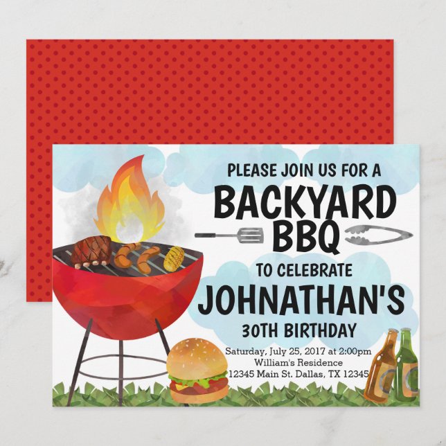 BBQ Birthday Party Invitation Invite (Front/Back)