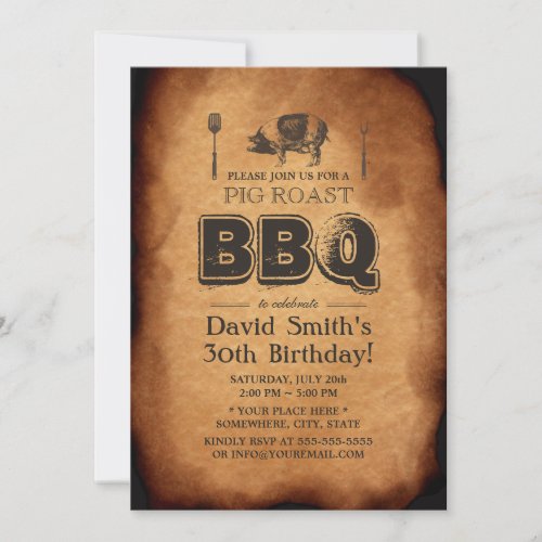 BBQ Birthday Party Vintage Old Paper Pig Roast Invitation