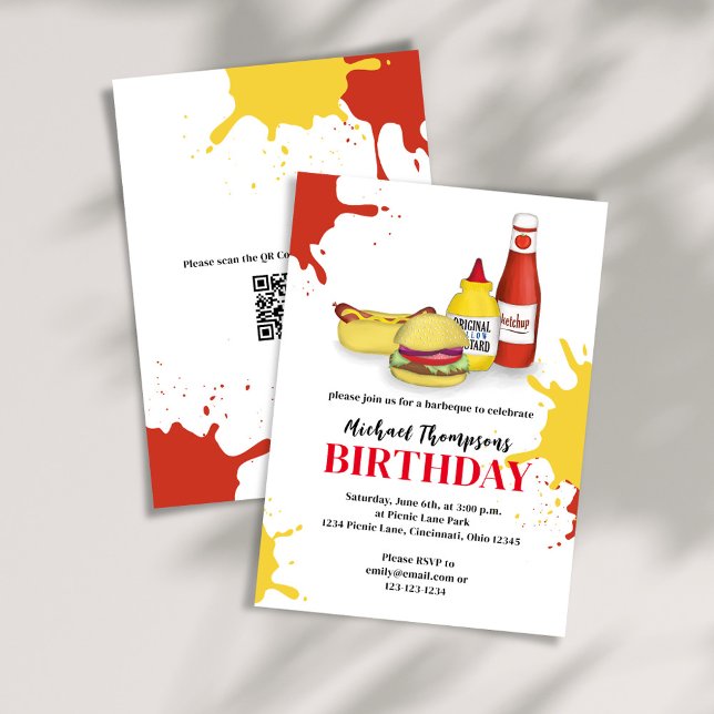 BBQ Birthday Typography Summer Cookout Invitation (Birthday invitation with hamburger, hotdog, ketchup, and mustard. With a scannable QR Code. )