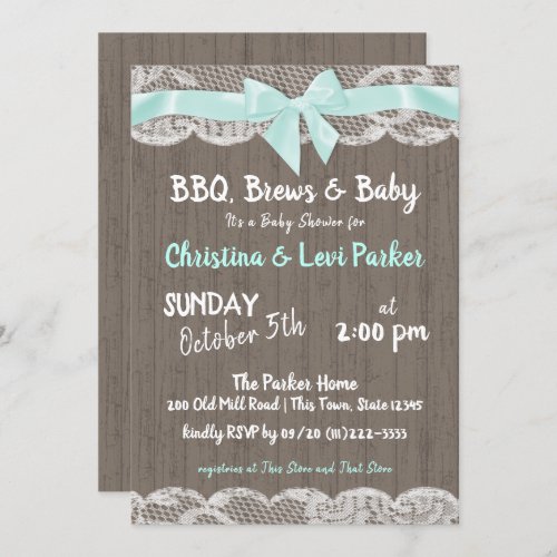 BBQ Brews Baby Shower Lace and Wood Invitation