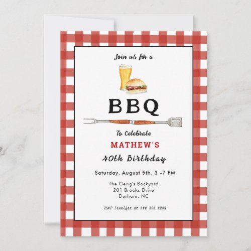 BBQ Burger  Beer Adult birthday party  Invitation