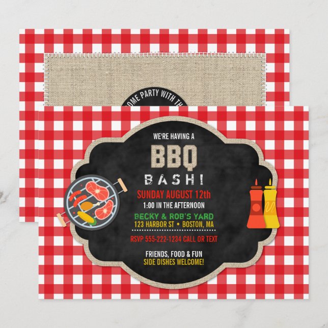BBQ Chalkboard Red Checkered Burlap Country Cute Invitation (Front/Back)