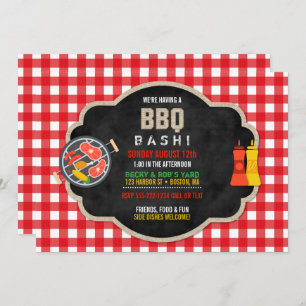 BBQ Chalkboard Red Checkered Burlap Country Cute Invitation