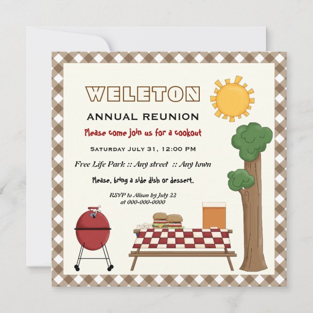 BBQ cookout family reunion, brown gingham border Invitation (Front)