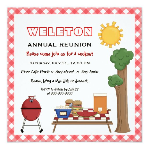 BBQ cookout family reunion, red gingham border Invitation | Zazzle