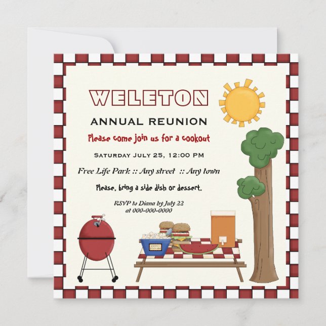 BBQ cookout picnic family reunion checkered border Invitation (Front)