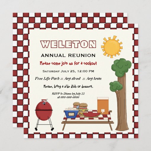 BBQ cookout picnic family reunion checkered border Invitation | Zazzle